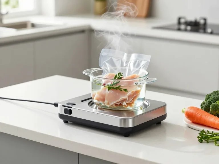 A modern kitchen countertop with a sous vide immersion circulator attached to a pot of water, a sealed vacuum bag containing chicken breast and herbs partially submerged, steam rising, fresh vegetables like carrots and broccoli nearby, bright natural lighting, photorealistic style, clean and minimalist aesthetic.