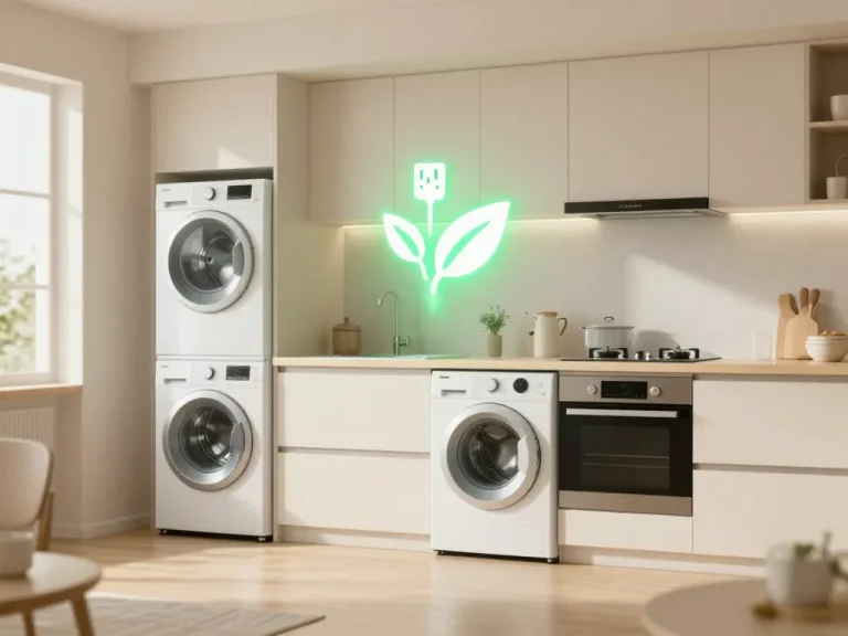 A modern, clean and bright kitchen interior with various energy-efficient household appliances like a refrigerator, washing machine, dishwasher, and oven, all glowing with a subtle green energy-saving aura. In the center, a glowing electric plug icon with leaves, symbolizing optimized energy consumption. The room is well-lit, cozy, and modern, with a sense of comfort and efficiency. Photorealistic, warm tones, high detail.