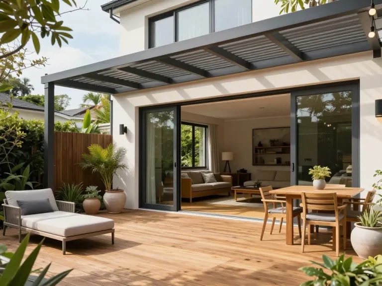 A modern covered terrace with a seamless transition between interior and exterior. Large glass sliding doors open to a spacious wooden deck. The terrace has a bioclimatic pergola with adjustable slats, outdoor lounge furniture in beige and grey, a wooden dining table with chairs, potted plants in ceramic pots, and warm string lights hanging above. The interior shows a cozy living room with hardwood floors that continue outside. The scene is set in a sunny residential garden, natural light, high quality, photorealistic.