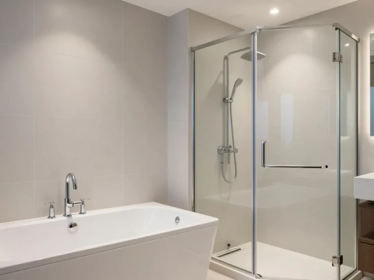 A modern bathroom interior featuring a sleek bathtub on one side and a glass shower cabin on the other, with soft lighting, neutral tones, and a clean, minimalist design. The bathtub has chrome fixtures and the shower cabin has a rainfall showerhead. The space is bright and inviting, with tiles in light gray and white.