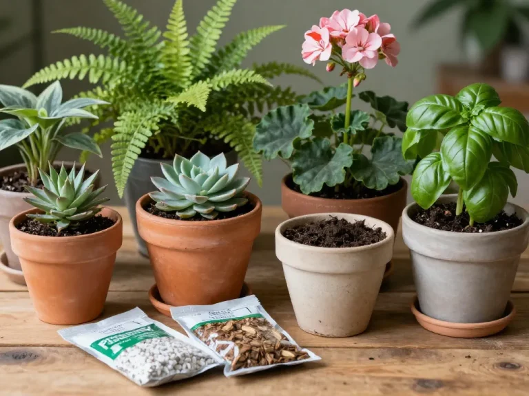 A detailed photorealistic image showing a variety of potted plants on a wooden table, with different types of soil and containers visible. In the foreground, there are small labeled bags of potting mix, perlite, and orchid bark. The pots include terracotta, plastic, and ceramic ones, some with drainage holes. Plants like a succulent, a fern, a flowering geranium, and a basil are present. Soft natural lighting, green and earthy tones, rustic style.