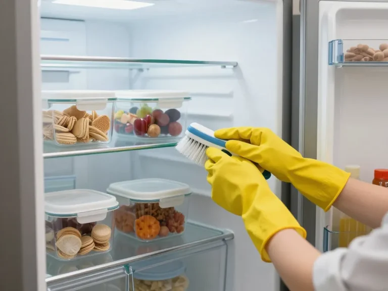A modern kitchen with an open refrigerator showing neatly arranged food containers on glass shelves. A person wearing rubber gloves is cleaning the condenser coils at the back of the fridge with a brush. Soft natural light, photorealistic style, clean and organized environment.