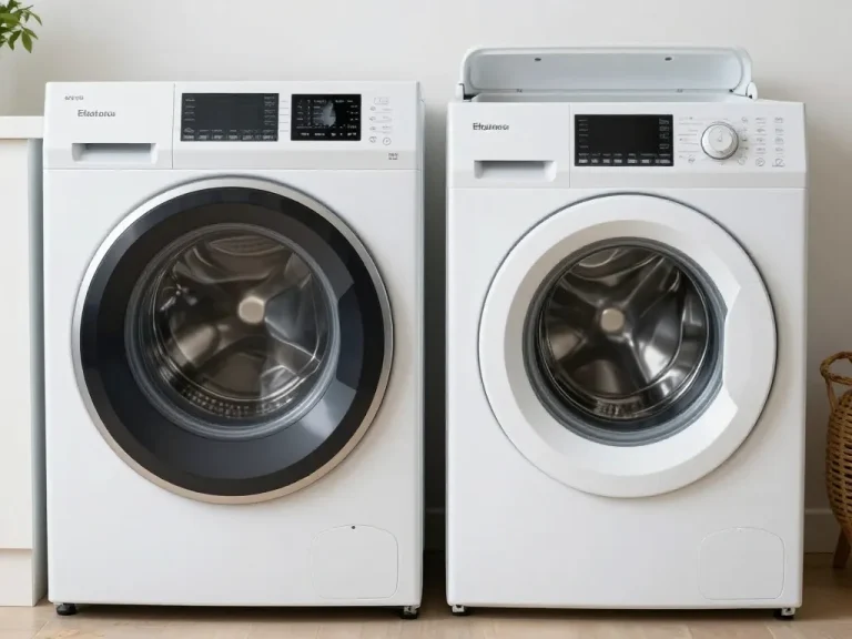 A split view comparison of a front-loading washing machine and a top-loading washing machine, both modern designs, placed side by side in a bright laundry room. The front-loading machine has a glass door and a sleek control panel, while the top-loading machine has its lid open, showing the drum. Realistic style, high detail, clean background, neutral colors, home appliances.