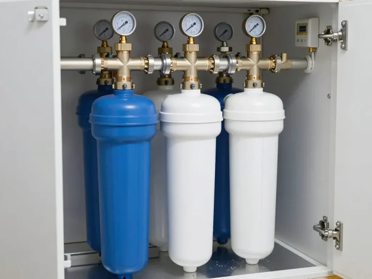 A modern whole house water filtration system installed in a basement utility room. The system consists of several tall blue and white canisters connected by pipes and valves, with a pressure gauge and a small control panel. Clean, bright lighting, professional installation, water flowing, hyper-realistic, 8K, detailed texture of the metal and plastic components, shallow depth of field.