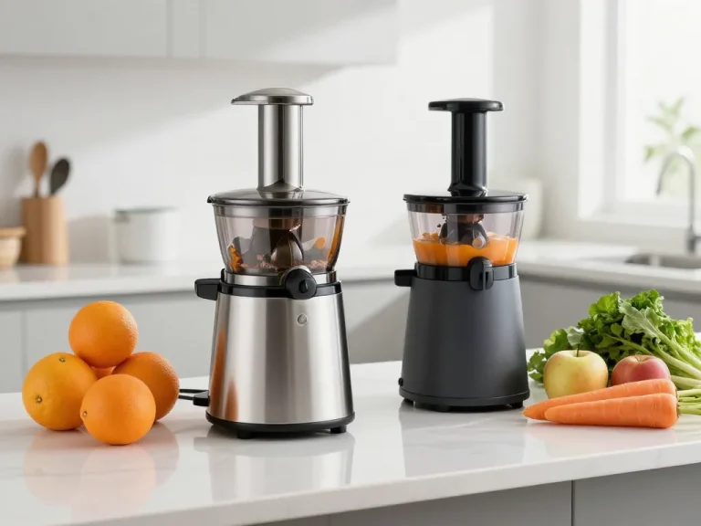 A sleek modern kitchen countertop with two types of juicers: a shiny stainless steel centrifugal juicer with a wide chute next to a slow masticating juicer with a dark plastic body. Fresh oranges, apples, carrots and leafy greens are arranged around them. Bright natural lighting, clean background, professional product photography style.