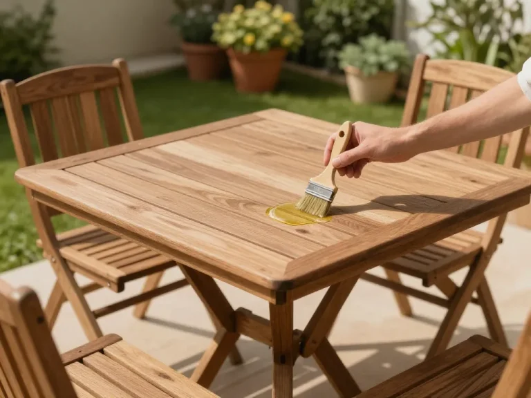 A wooden garden table and chairs set on a sunny patio, a person applying protective oil with a brush on the table surface, surrounded by potted plants and green grass, photorealistic style, warm natural lighting, detailed wood texture.