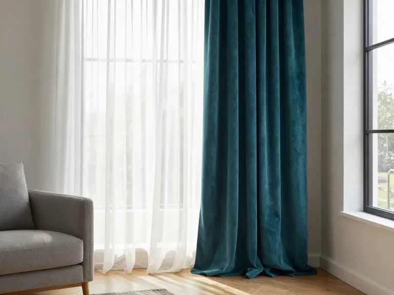 A cozy, modern living room interior with large windows. On the window, there are two layers of window treatments: a sheer white curtain loosely flowing and a thick, elegant teal velvet drape pulled to one side. The sunlight filters softly through the sheer fabric, illuminating a stylish sofa and a wooden floor. The composition emphasizes the balance between light, privacy, and aesthetic texture. High resolution, photorealistic, interior design photography style.