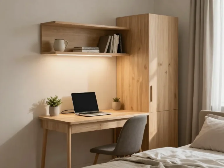 A calm, modern bedroom with a compact desk seamlessly integrated in a corner, featuring warm lighting, a laptop with cable management, a small plant, and a room divider or curtain that separates the workspace from the bed area. Soft neutral colors, natural wood, and organized shelves. No clutter, relaxing atmosphere, soft shadows, natural daylight.