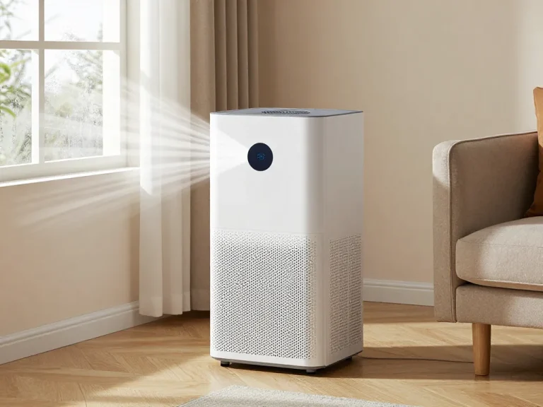 A modern, sleek dehumidifier placed in a cozy living room corner, with visible condensation on a window, air flow lines showing moisture being drawn into the device, wooden floor, clean interior design, soft natural lighting, photorealistic style