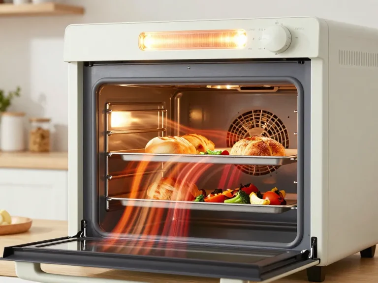A modern convection oven with its door open, showing a glowing heating element at the top and a visible fan at the back, with hot air flow lines (orange and red) swirling inside the oven cavity, illuminating trays with bread and roasted vegetables, photorealistic style, bright kitchen background.
