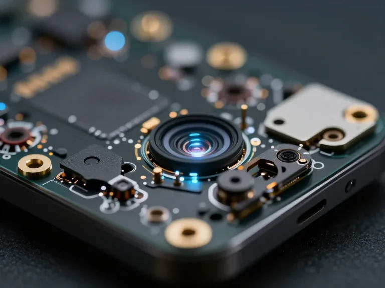 A close-up view of a smartphone camera module with visible lens elements and tiny actuators, glowing with a subtle blue light, representing optical image stabilization technology. The background is dark with bokeh lights, emphasizing the precision mechanics. High detail, photorealistic, 8K.