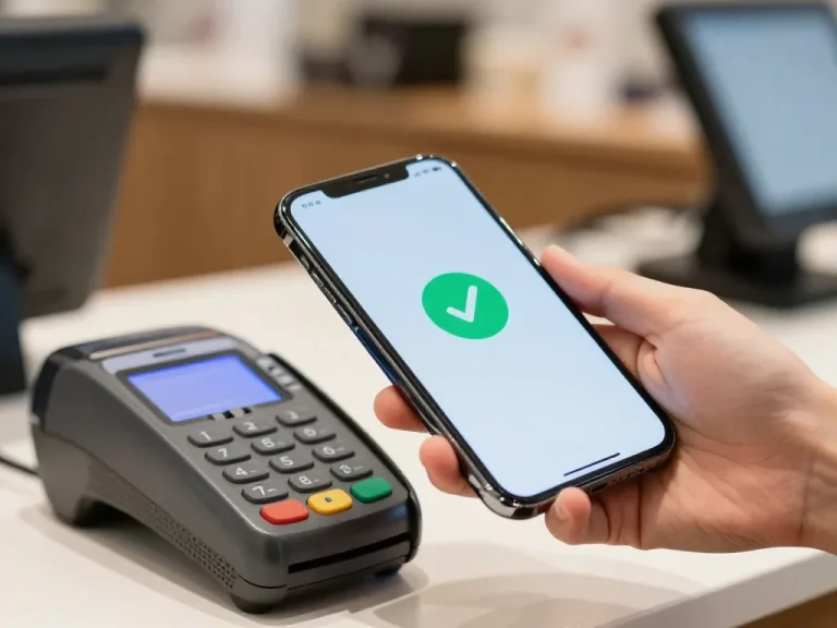 A modern smartphone held by a hand, being tapped against a contactless payment terminal at a checkout counter. The screen shows a green checkmark and a wallet icon. Soft focus background with a coffee shop or store setting. Bright lighting, high detail, realistic style, emphasizing the convenience and security of NFC mobile payment.