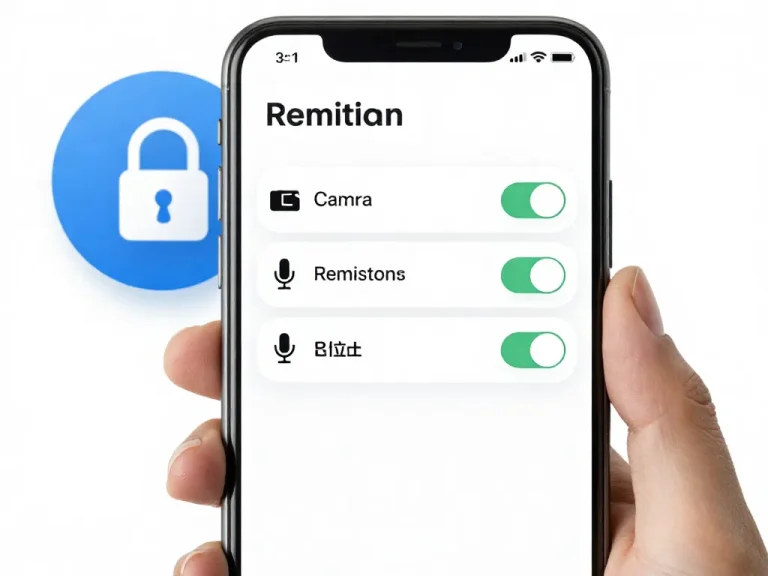 A smartphone screen showing app permissions settings with toggles for camera, microphone, and location, with a lock icon in the background representing data protection, clean digital illustration.