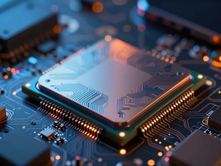 A realistic macro close-up of a modern smartphone system-on-chip (SoC) with visible metallic layers, silicon die, and circuit traces, placed on a futuristic motherboard with glowing micro-soldering points, shallow depth of field, vibrant neon blue and orange lights reflecting on the chip, 8K resolution, photorealistic style.