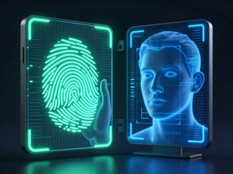 A futuristic split-screen illustration showing a fingerprint scanner on the left with glowing lines and a digital hand, and a facial recognition system on the right with a blue-lit face and scanning grid, both representing biometric authentication, high-tech aesthetic, dark background, neon blue and green accents, 3D render style.