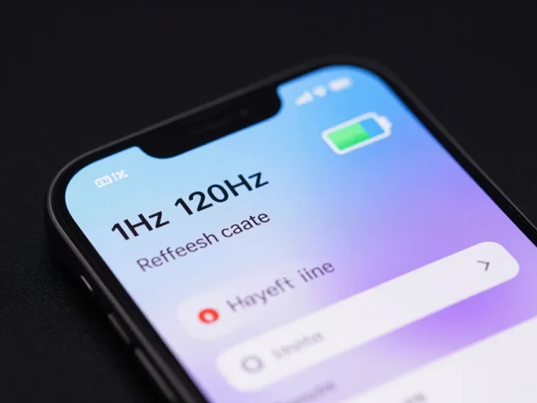 A close-up, macro shot of a smartphone screen displaying a dynamic refresh rate indicator (from 1Hz to 120Hz) with a battery icon in the corner. The screen shows a mix of static text and smooth scrolling content, with a futuristic, minimalistic aesthetic. The background is dark with subtle blue and purple gradients. The image should convey energy efficiency and advanced display technology. High detail, realistic lighting, 4K.