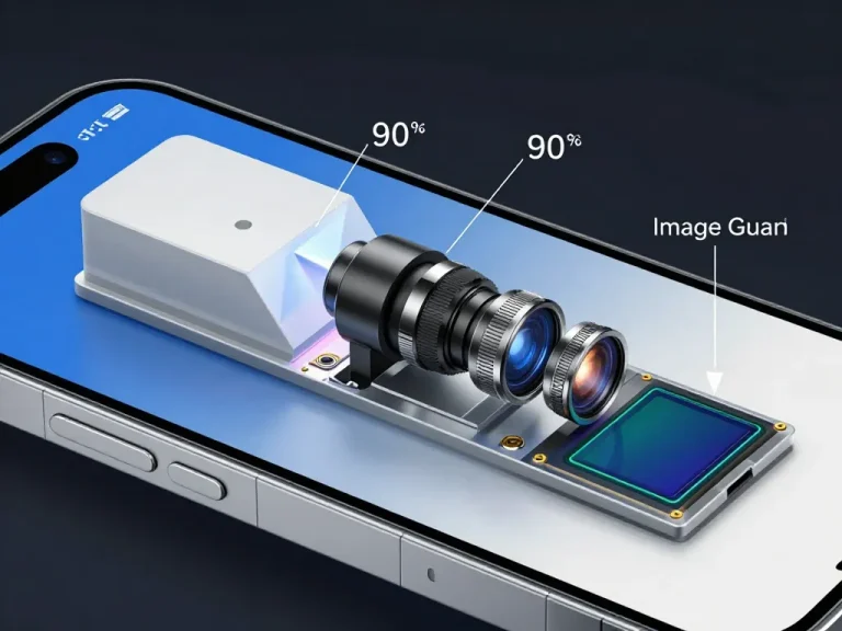 A detailed cross-section illustration of a periscopic camera module inside a modern smartphone, showing light entering through a prism, reflecting at 90 degrees, passing through a series of telephoto lenses, and hitting the image sensor. The scene is clean, technical, with labeled components, on a dark background with blue and white accents. High resolution, realistic 3D render style.