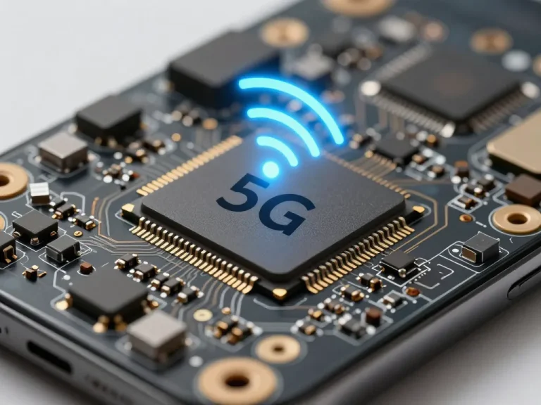 Close-up of a modern smartphone motherboard showing a large chip (SoC) with integrated 5G modem, surrounded by small electronic components, golden pins and tiny circuits, with a glowing blue wireless signal symbol over the chip, realistic and detailed, high resolution, soft lighting.