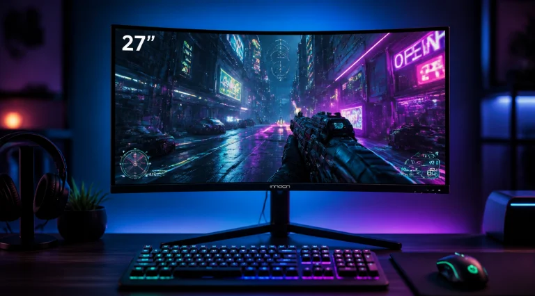 A sleek 27-inch curved gaming monitor with an IPS panel displaying a vibrant cyberpunk first-person shooter scene, RGB ambient lighting glowing in cyan and purple behind the screen, mechanical RGB keyboard and gaming mouse on a dark wooden desk, professional product photography, ultra-detailed, 4K resolution, photorealistic, cinematic lighting, shallow depth of field