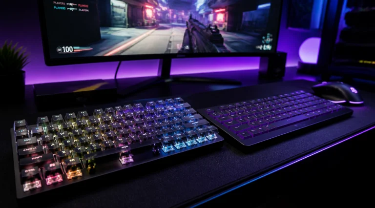 A high-quality, photorealistic hero image showing two gaming keyboards side by side on a dark, RGB-lit gaming desk. On the left, a premium mechanical keyboard with visible blue Cherry MX-style switches under transparent keycaps, showcasing the internal mechanism, with vibrant RGB backlighting glowing through the keys. On the right, a slim, minimalist membrane gaming keyboard with a closed, sleek design and subtle backlighting. In the background, a curved gaming monitor displays a colorful FPS game scene, a gaming mouse rests on a large mousepad, and ambient purple and blue LED strips create a moody atmosphere. The composition emphasizes comparison and choice, perfect for a tech and gaming blog header. Cinematic lighting, ultra-sharp details, shallow depth of field, 16:9 aspect ratio.