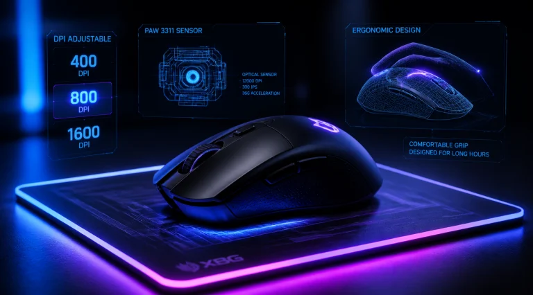 High-end product photography of a modern black gaming mouse on an RGB-illuminated mousepad, with floating holographic UI elements showing DPI numbers (400, 800, 1600), a sensor blueprint diagram, and an ergonomic hand grip illustration, dark studio background with neon blue and purple lighting, professional tech product shot, ultra detailed, 4K, cinematic lighting