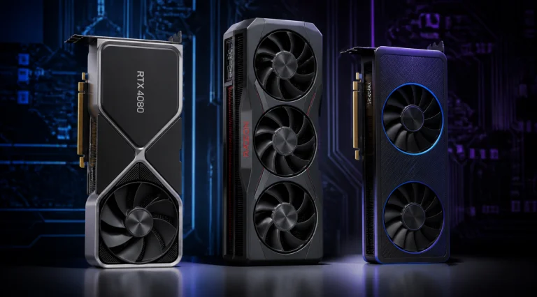 A high-quality photorealistic 3D render showing three modern graphics cards (NVIDIA GeForce RTX, AMD Radeon, Intel Arc) standing vertically side by side on a sleek dark surface, with subtle RGB lighting, technical circuit board patterns in the background, dramatic studio lighting with blue and purple accents, ultra-detailed with visible heatsink fins, fans, and PCIe connectors, cinematic depth of field, 8K resolution, professional product photography style