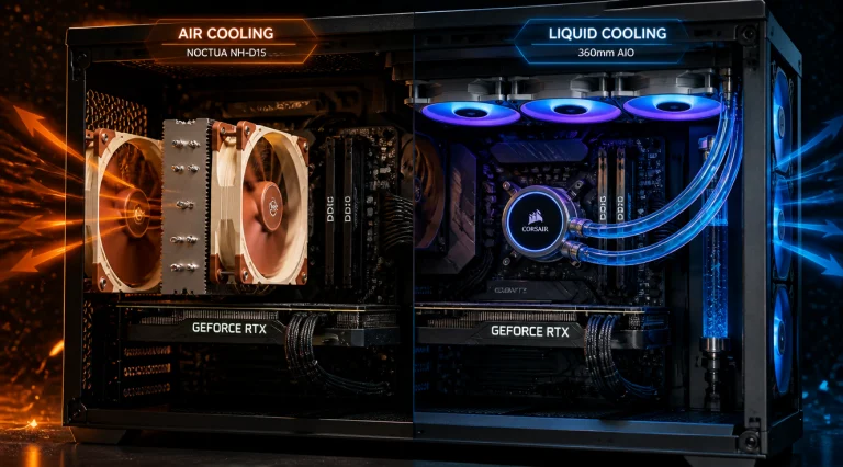 A high-quality photorealistic 3D render of a modern gaming PC interior showing a side-by-side comparison of two cooling solutions. On the left, a large dual-tower air cooler (Noctua NH-D15 style) with brown and beige PWM fans mounted on a CPU socket. On the right, an AIO liquid cooler with a 360mm radiator mounted on the top, RGB-lit pump head, and clear tubes with flowing blue coolant. The motherboard is visible with DDR5 RAM modules, an RTX GPU, and clean cable management. Dramatic lighting with cool blue and warm orange tones highlighting the heat dissipation and airflow arrows. Dark background with subtle particle effects, cinematic composition, ultra-detailed components, 8K resolution, studio lighting, sharp focus.