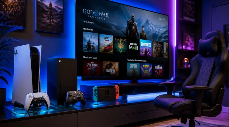 A high-quality, photorealistic wide-angle image of a modern gaming room setup in 2026, featuring three next-generation gaming consoles arranged on a sleek minimalist entertainment center: a black and white PlayStation 5 Pro, a tower-shaped Xbox Series X, and a Nintendo Switch 2 console with detachable blue and red Joy-Cons placed beside it. The setup includes a large 4K OLED TV displaying a vibrant game selection menu, ambient RGB lighting in blue and purple tones behind the TV, a comfortable ergonomic gaming chair, and three different controllers (DualSense, Xbox Wireless Controller, Switch Joy-Cons) lined up on a glass shelf. The atmosphere is cinematic with soft LED lighting, modern decor, and a slight futuristic aesthetic. Shot with a wide-angle lens, shallow depth of field, professional product photography style, 8K resolution, vibrant saturated colors, ultra-detailed textures.