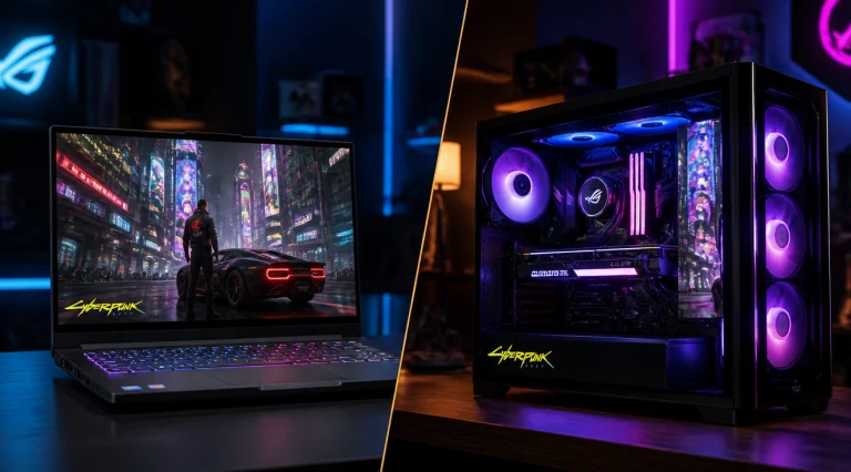 A cinematic split-screen composition showing a high-end gaming laptop on the left side and a powerful custom-built gaming desktop PC with RGB lighting and tempered glass case on the right side, both screens displaying the same immersive cyberpunk game scene, modern dark tech studio background with subtle blue and purple neon lights, professional product photography style, ultra-detailed, 4K, sharp focus, dramatic lighting