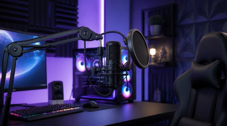 A professional home streaming setup featuring a high-end condenser microphone on a boom arm with a pop filter, placed on a clean modern desk. Soft RGB lighting in purple and blue tones in the background, a gaming PC with RGB case visible, a comfortable gaming chair, acoustic foam panels on the walls. Cinematic lighting, photorealistic, shallow depth of field, 4K quality, modern minimalist aesthetic suitable for a tech blog header image.