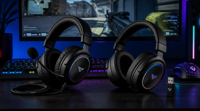 A high-quality product photography style image showing two gaming headsets side by side on a dark RGB-lit gaming desk setup. On the left, a sleek black wired gaming headset with a coiled cable and detachable microphone. On the right, a modern wireless gaming headset with a USB dongle visible next to it. Both headsets have subtle RGB accents. Background features a gaming monitor displaying a competitive FPS game scene, a mechanical keyboard with colorful backlighting, and a gaming mouse. Cinematic lighting with blue and purple neon accents, shallow depth of field, ultra-detailed, 4K quality, professional product photography style, dark moody atmosphere.