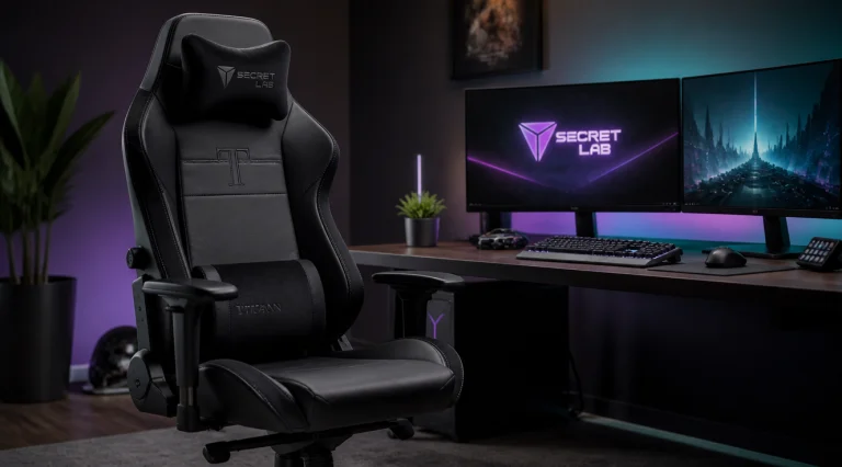 Professional product photography of a premium black and dark gray gaming chair in a modern minimalist home office setup, viewed from a 3/4 angle. The chair features a high backrest, adjustable 4D armrests, lumbar support pillow, and a sturdy aluminum base. Background includes dual curved monitors with subtle RGB ambient lighting in purple and teal tones, a clean dark wood desk, mechanical keyboard, gaming mouse, and a small potted plant. Cinematic lighting, photorealistic, 4K quality, shallow depth of field, sleek and modern atmosphere, soft bokeh in the background.