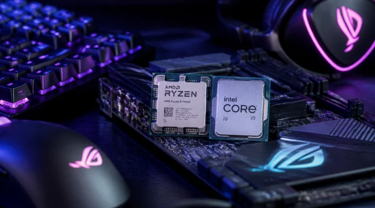 A high-quality professional photograph of a modern AMD Ryzen and Intel Core processor side by side on a dark motherboard with RGB lighting, surrounded by gaming peripherals including a mechanical keyboard, gaming mouse, and headset, in a moody dark gaming setup with blue and purple neon ambient lighting, photorealistic style, 4K resolution, shallow depth of field, cinematic lighting, tech product photography