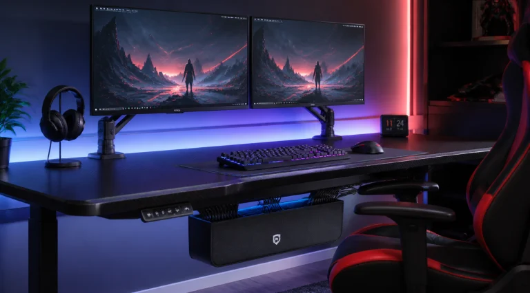 A modern premium gaming desk setup in a contemporary room with RGB ambient lighting, dual 27-inch monitors mounted on adjustable arms, mechanical RGB keyboard, gaming mouse on XL mousepad, sleek carbon-fiber finish desk surface, organized cable management channels visible under the desk with a textile cable management box, ergonomic gaming chair in black and red, soft LED strip lighting behind the monitors, clean minimalist aesthetic, professional product photography style, 4K quality, sharp focus on the desk surface