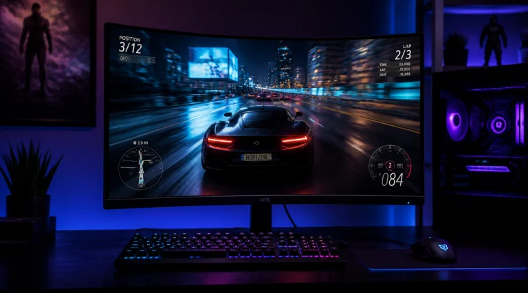 A modern minimalist gaming desk setup featuring a 27-inch curved gaming monitor displaying a smooth, vibrant racing game scene with no visible screen tearing. The monitor shows subtle 'VRR' branding on the bezel. RGB ambient lighting in deep blue and purple tones illuminates the dark room. Mechanical RGB keyboard and gaming mouse visible on the desk. Photorealistic style, cinematic moody lighting, ultra-sharp 4K quality, shallow depth of field focusing on the screen, slight motion blur on the racing game to convey speed.