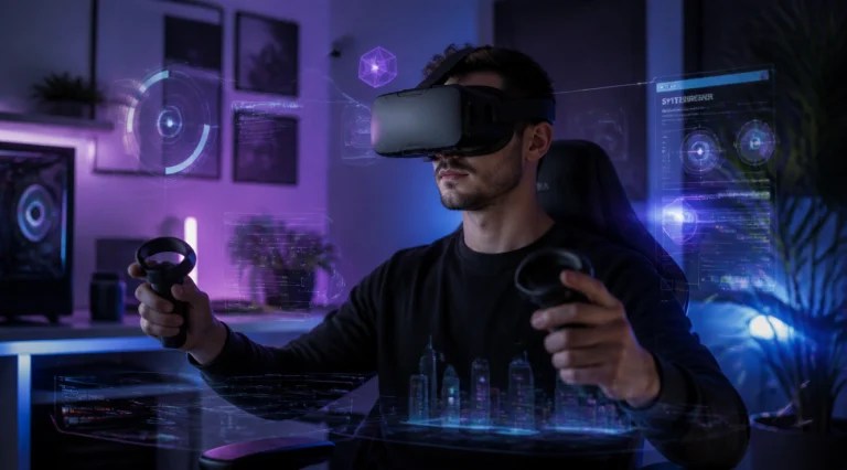 A high-quality, photorealistic image of a young adult gamer sitting in a modern, dimly lit gaming room, wearing a sleek black VR headset similar to Meta Quest 3 and holding two motion controllers in each hand. The room has subtle RGB ambient lighting in purple and blue tones, with a clean minimalist desk setup and a few green plants in the background. Around the gamer, semi-transparent holographic UI elements and floating virtual objects suggest a virtual reality experience. The atmosphere is futuristic, immersive, and aspirational. Shot with a shallow depth of field, professional gaming photography style, 4K resolution, cinematic lighting, ultra-detailed.
