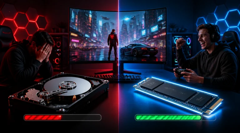 A high-quality split-screen digital illustration comparing an HDD and an SSD for gaming. On the left side, a slow, mechanical hard disk drive (HDD) shown with a red loading bar and a frustrated gamer silhouette. On the right side, a sleek NVMe SSD glowing with blue RGB light, with a fast green loading bar and a happy gamer silhouette holding a controller. Background features a futuristic gaming setup with a curved monitor displaying a cyberpunk open-world game. Cinematic lighting, 4K, realistic textures, modern tech aesthetic, no text.