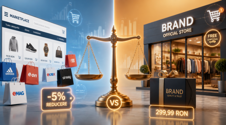 A modern, high-quality split-screen conceptual illustration for an e-commerce comparison article: on the left side, a large digital marketplace interface with multiple colorful shopping bags from different brands floating around a glowing price tag showing a low discount percentage; on the right side, an elegant branded boutique storefront with a polished logo, a 'Free Shipping' badge, and a premium gift box. In the center, a luminous balance scale weighing the two options. Clean minimalist background with soft blue and orange gradient tones, shopping cart icons, Romanian leu currency symbols (RON), and subtle abstract price comparison graphs. Photorealistic style, soft studio lighting, shallow depth of field, 16:9 aspect ratio, suitable for a professional blog header.