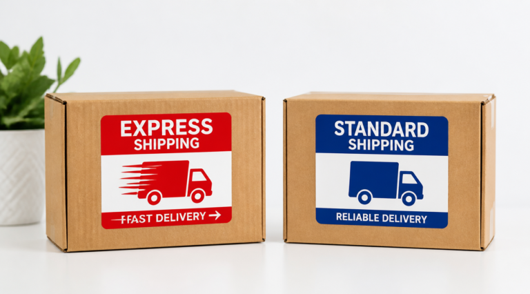 Two contrasting delivery packages side by side on a clean minimalist white surface, one featuring a bold red express shipping label with a fast courier truck icon and motion lines suggesting speed, the other featuring a calm blue standard shipping label with a regular delivery truck. Soft professional studio lighting, modern e-commerce product photography style, vibrant contrasting colors, sharp focus, ultra-detailed, 4K quality, commercial advertising aesthetic