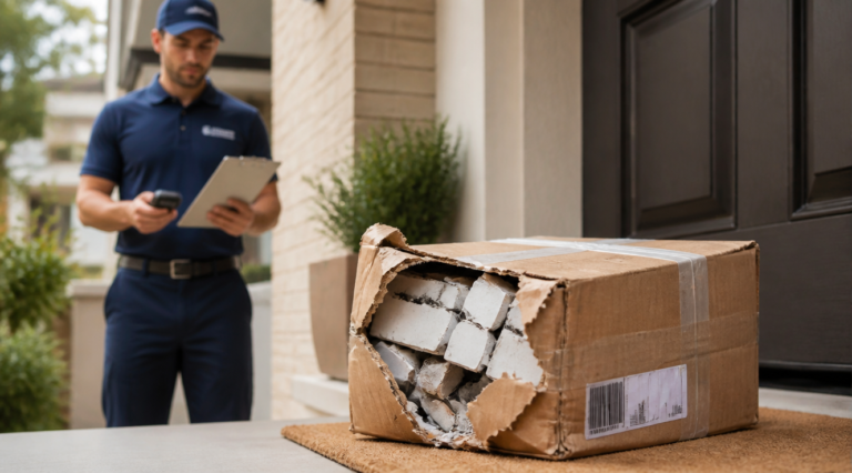 A high-quality photorealistic image of a damaged cardboard delivery package on a doorstep, with visible crushed corners, torn tape, and a slightly opened box revealing a broken product inside. A delivery courier in uniform stands nearby holding a clipboard and a digital scanner, looking concerned. Soft natural daylight, shallow depth of field, warm tones, modern urban residential background with a blurred house entrance. Professional editorial photography style, sharp focus on the damaged parcel, conveying a sense of consumer concern and legal awareness.