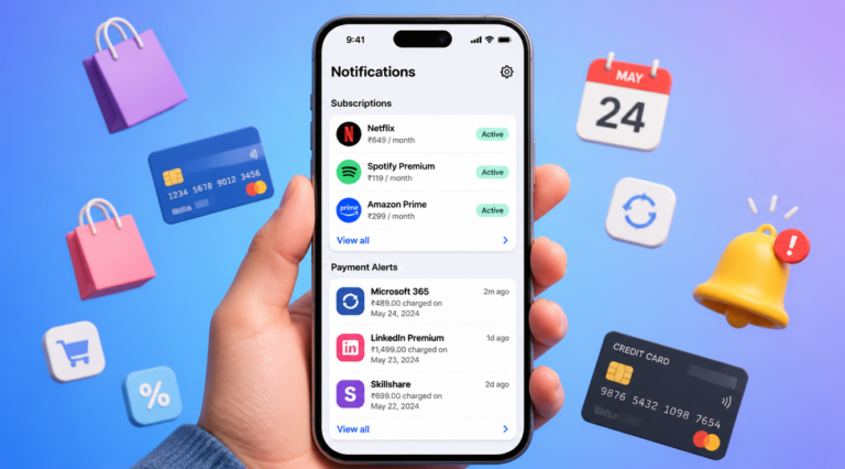 A clean, modern flat illustration showing a smartphone screen displaying multiple subscription notifications and recurring payment alerts, with a hand holding the phone, surrounded by floating icons of online shopping bags, credit cards, calendar dates, and a small warning bell. Soft gradient background in blue and purple tones, minimalist style, professional financial blog aesthetic, high resolution, 16:9 aspect ratio.