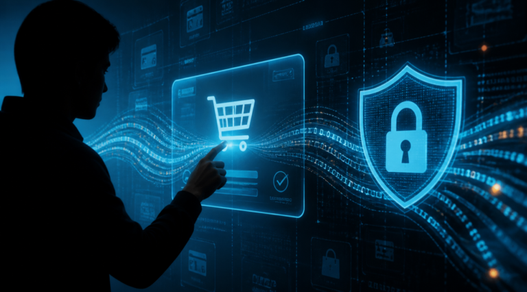 A digital illustration showing a person's silhouette interacting with a shopping cart icon on a screen, with data flowing around it. The data is represented by abstract, glowing lines and binary code, some of it contained within a shield or lock icon, symbolizing protection. The background is a subtle, modern tech interface. The overall mood should be secure and informative, with a focus on data privacy in e-commerce. High quality, detailed, digital art style.