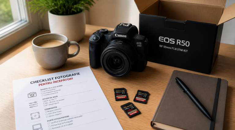 A clean, modern flat-lay composition on a light wooden desk featuring a beginner-friendly mirrorless camera with a small prime lens, placed next to its open box, a printed beginner photography checklist, a coffee cup, and a few scattered SD cards. Soft natural window light from the left, shallow depth of field, warm and inviting atmosphere, minimalist lifestyle photography style, high resolution, photorealistic, 4K, editorial quality, suitable for a Romanian tech blog header image.