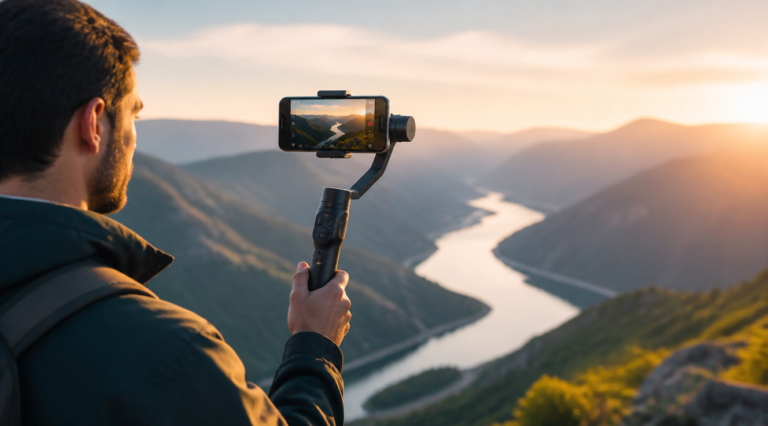 A professional photographer holding a sleek black 3-axis motorized gimbal stabilizer with a smartphone mounted on it, standing on a scenic mountain viewpoint during golden hour. The gimbal is in active use, capturing smooth cinematic footage of a dramatic landscape with rolling hills and a winding river below. Soft natural lighting, shallow depth of field focusing on the gimbal device, modern minimalist photography style, high-end commercial product photography aesthetic, vibrant colors, 4K quality, photorealistic.