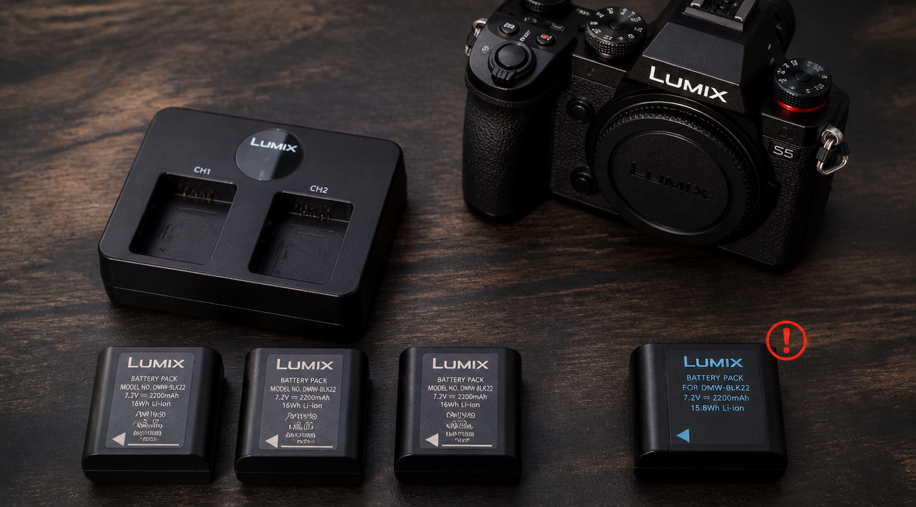A professional flat-lay photograph on a dark textured wooden table featuring a set of original camera batteries and a dual-slot battery charger next to a modern mirrorless camera body, with one counterfeit-looking battery placed separately and marked with a subtle red warning symbol, soft cinematic studio lighting, shallow depth of field, high-end product photography style, realistic, sharp details, 4K quality
