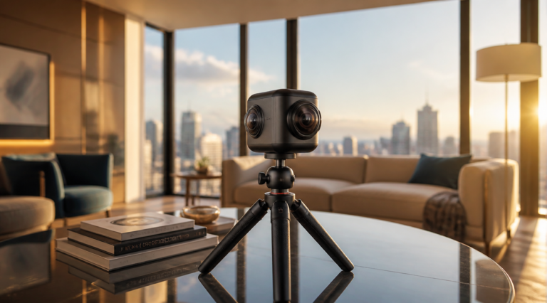 A professional 360-degree camera with dual fisheye lenses mounted on a small tripod in the center of a modern, elegantly furnished living room with floor-to-ceiling windows, showcasing immersive photography equipment in a real-world context, soft golden hour natural lighting streaming through the windows, warm interior tones with subtle blue accents, professional product-in-environment composition, photorealistic style, high resolution, sharp focus on the camera with gently blurred background, commercial photography aesthetic
