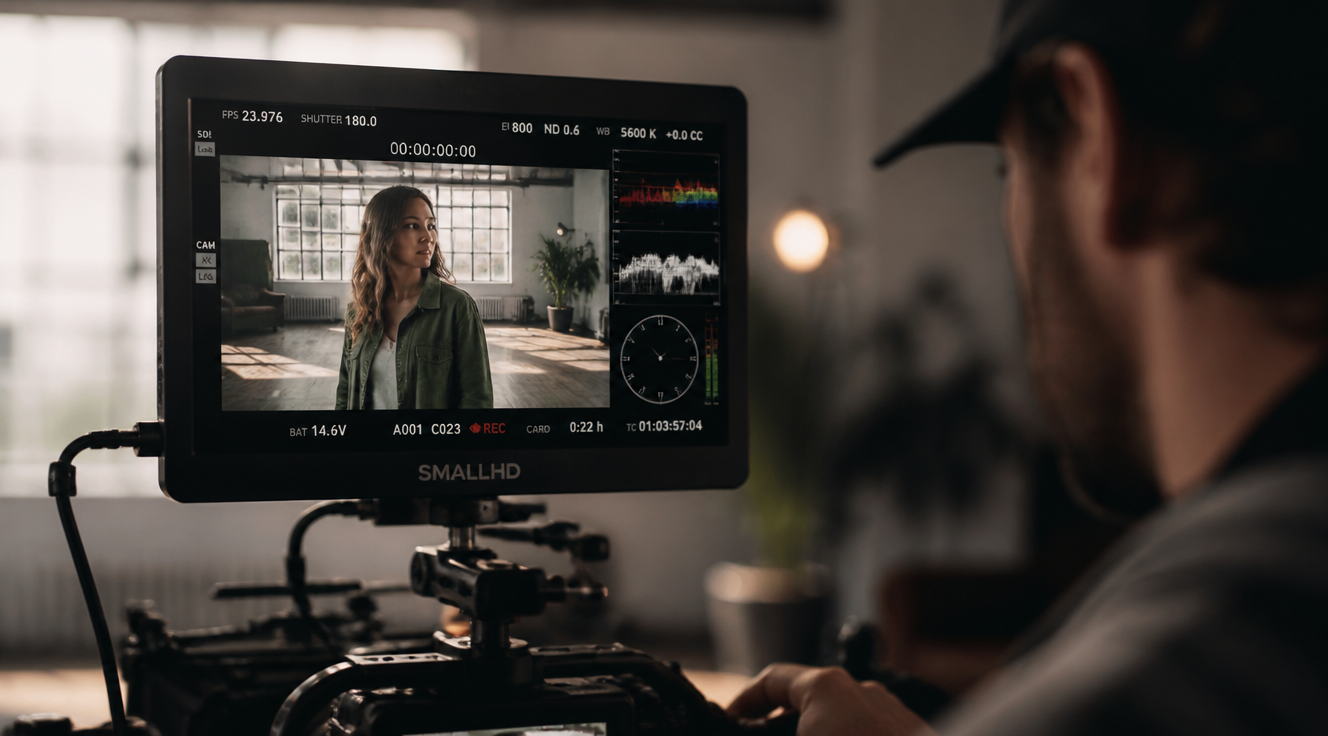 Cinematic professional film set scene featuring a high-end external field monitor mounted on a camera rig, displaying a sharp 4K video preview with waveform and focus peaking overlays, soft daylight streaming through a studio window, shallow depth of field with blurred background showing a videographer operating the setup, clean modern aesthetic, photorealistic, professional color grading, 35mm film look, sharp details on monitor screen, ambient studio lighting with subtle bokeh, ultra high resolution