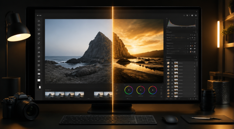 A sleek, modern split-screen comparison illustration showing two halves: on the left side, a clean minimalist open-source photo editing interface representing free software with simple tools and a muted color palette; on the right side, a premium professional photo editing workspace with advanced panels, color grading wheels, histogram, layers panel, and AI-powered features, rendered in warm golden tones. The center of the image shows a subtle vertical dividing line with a glowing visual effect, symbolizing the comparison. Background is a dark studio environment with soft cinematic lighting. Realistic digital art style, high resolution, 16:9 aspect ratio, professional tech magazine aesthetic, sharp focus, no text overlay.