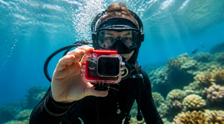 A high-quality underwater photograph of a diver wearing a black wetsuit and diving mask holding a modern compact action camera enclosed in a transparent red waterproof housing, surrounded by crystal clear turquoise water, small air bubbles rising, colorful coral reef softly blurred in the background, cinematic sunlight rays penetrating from the water surface above, professional photography style, vibrant saturated colors, ultra-realistic, shallow depth of field with focus on the camera, 16:9 aspect ratio, photorealistic, no text, no logos