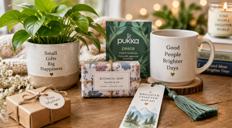 A vibrant, high-quality image featuring a collection of small, thoughtful gifts arranged aesthetically. The gifts should look appealing and diverse, suggesting value despite a low price point (e.g., a small potted plant, a beautifully wrapped artisanal soap, a personalized mug, a handmade bookmark, a gourmet tea sachet). The background should be soft and inviting, perhaps with a subtle bokeh effect, conveying warmth and generosity. The overall mood should be positive and inspiring, emphasizing that great gifts don't have to be expensive. Focus on bright, natural lighting.